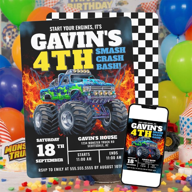 Monster Truck Cool Blue 4th Birthday Personalized Invitation (Creator Uploaded)
