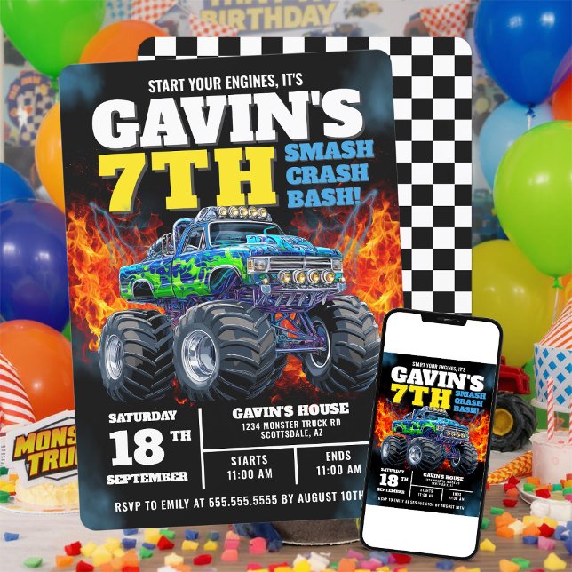 Monster Truck Cool Blue 7th Birthday Personalized Invitation (Creator Uploaded)