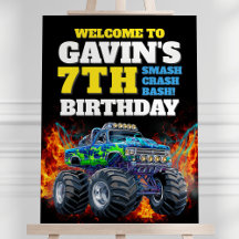 Monster Truck Cool Blue 7th Birthday Welcome Sign