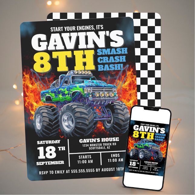 Monster Truck Cool Blue 8th Birthday Personalized Invitation (Creator Uploaded)