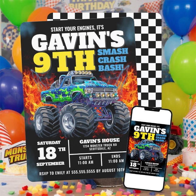 Monster Truck Cool Blue 9th Birthday Personalized Invitation (Creator Uploaded)