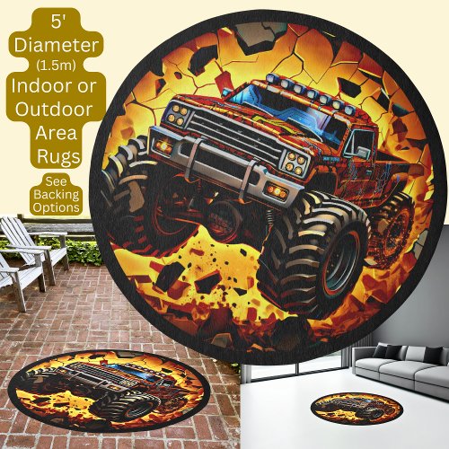 Monster Truck Cracked Background Circle Area Rug