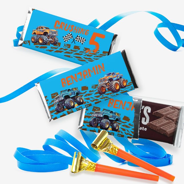 Monster Truck Crushing 5 - 5th Birthday Hershey Bar Favors ("Crushing 5" Boy's Monster Truck-Themed 5th Birthday Party Hershey Bar Favors)