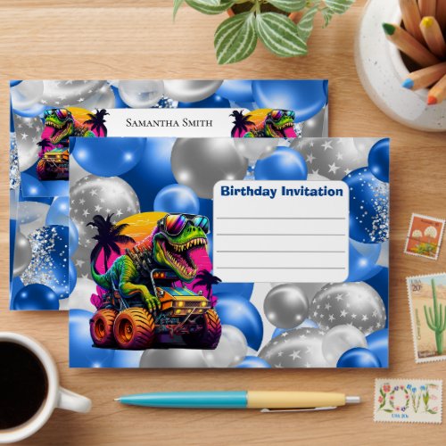Monster Truck Dino Birthday Invitation Blue Envelope