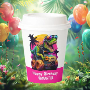 MONSTER TRUCK Dinosaur  Birthday Pink Paper Cups