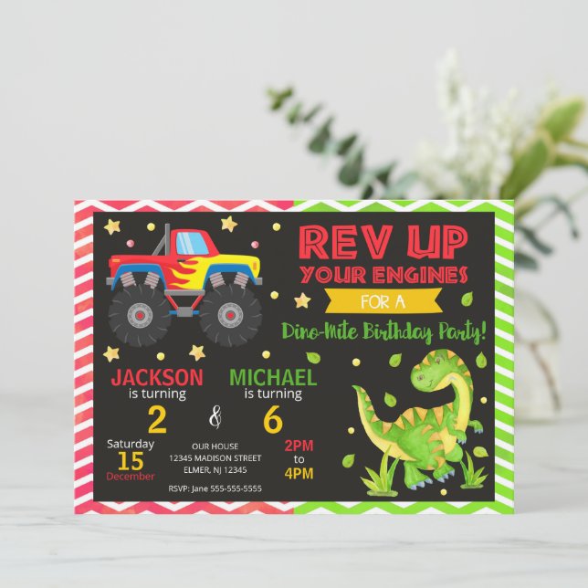 Monster Truck & Dinosaur Joint Birthday Invitation (Standing Front)