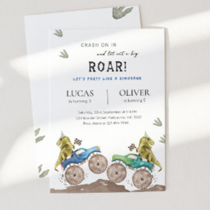 Monster Truck & Dinosaur Siblings Joint Birthday Invitation