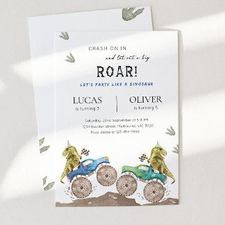 Monster Truck & Dinosaur Siblings Joint Birthday Invitation