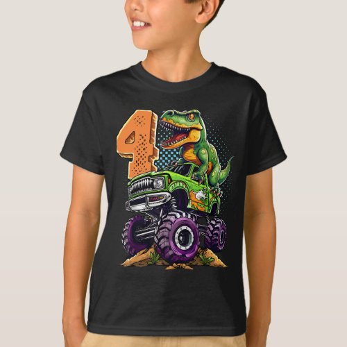 Monster Truck Dinosaur T_Rex 4th Birthday Boy 4  T_Shirt