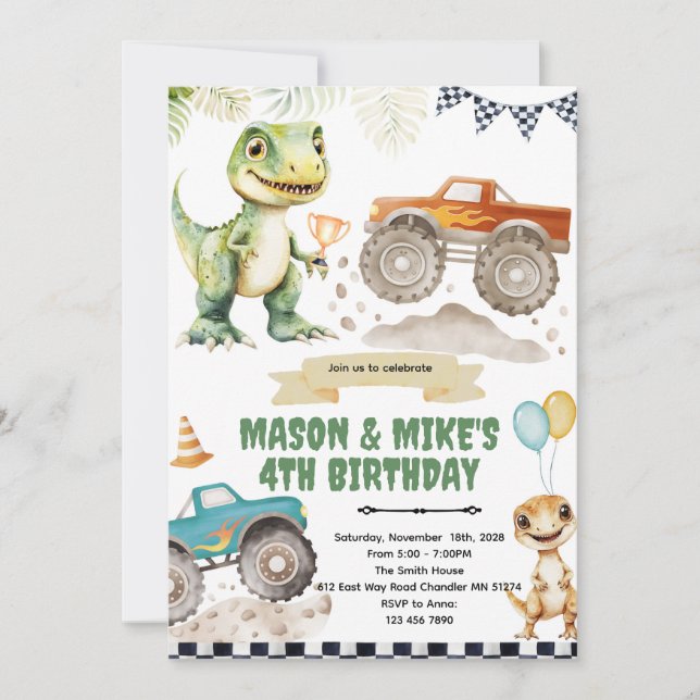 Monster truck dinosaur theme invitation (Front)