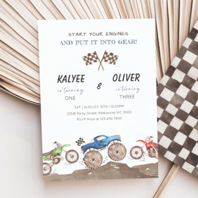 Monster Truck & Dirt Bike Joint Birthday Party Invitation (Creator Uploaded)