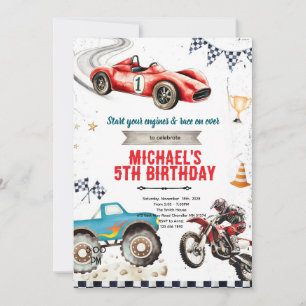 Monster truck Dirt Bikes and race car theme invite