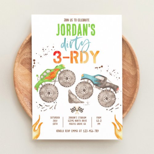 Monster Truck Dirty 3-rdy 3rd Birthday Boy Invitation