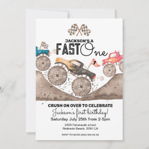 Monster Truck FAST ONE Birthday Invitation