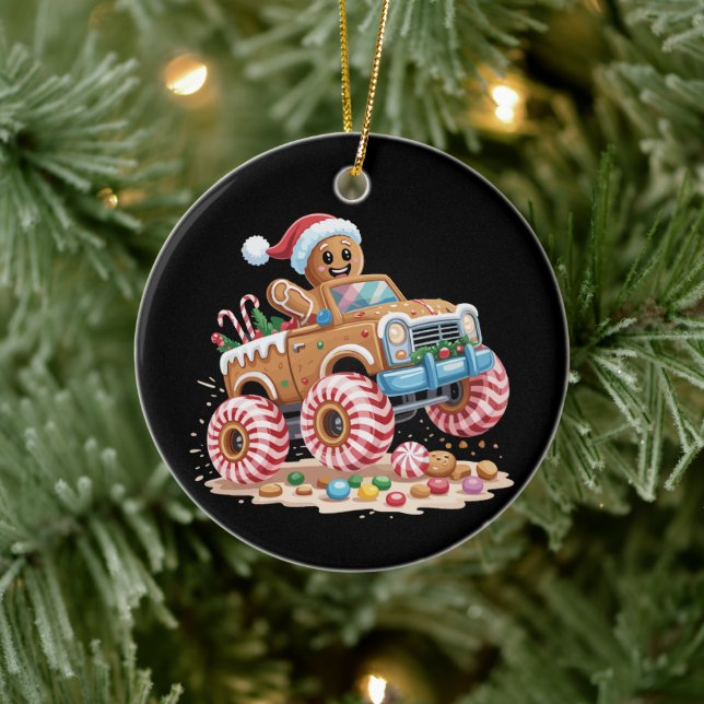 Monster Truck Gingerbread Man Christmas Baking  Ceramic Ornament (Tree)