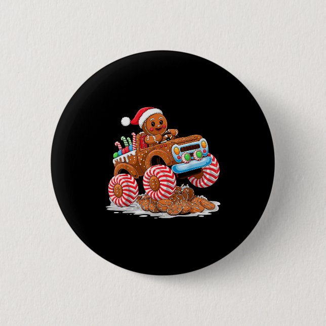 Monster Truck Gingerbread Man Funny Christmas Baki Button (Front)