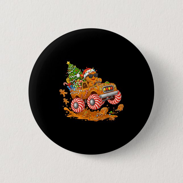 Monster Truck Gingerbread Man Funny Christmas Baki Button (Front)