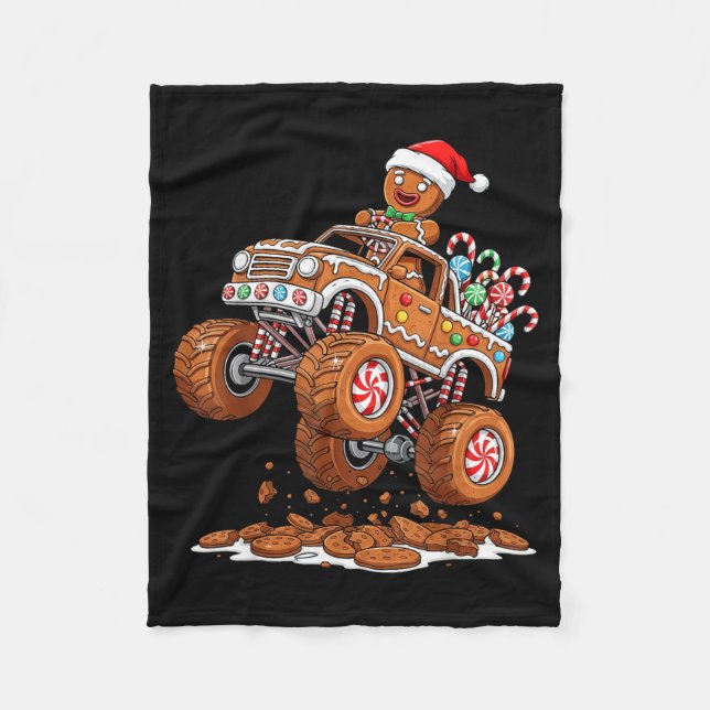 Monster Truck Gingerbread Man Funny Christmas Baki Fleece Blanket (Front)