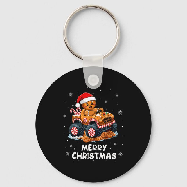Monster Truck Gingerbread Man Funny Merry Christma Keychain (Front)