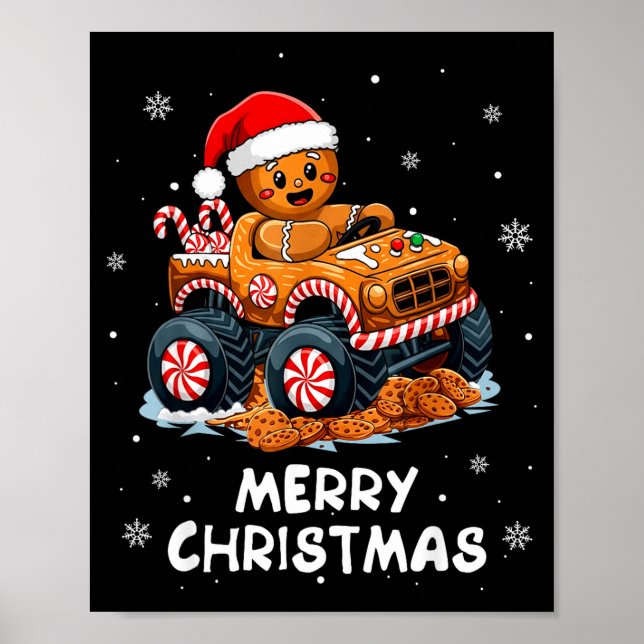 Monster Truck Gingerbread Man Funny Merry Christma Poster (Front)