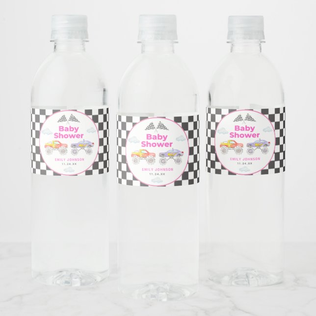Monster Truck Girl Baby Shower Water Bottle Label (Bottles)