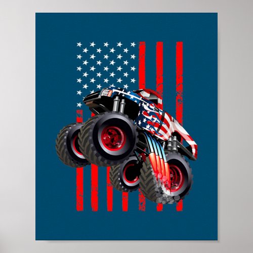 Monster Truck Girls Boys American US Flag July Poster