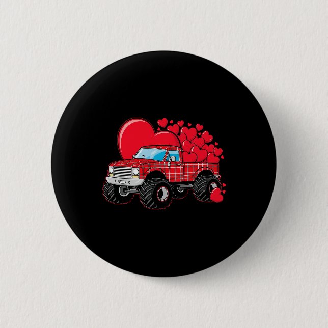 Monster Truck Hearts Plaid For Men Boys Girls Vale Button (Front)