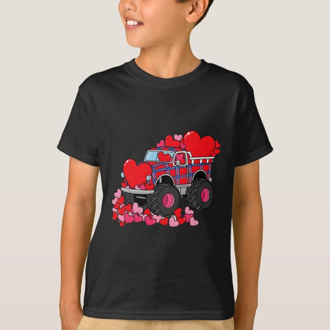 Monster Truck Hearts Plaid For Men Boys Girls Vale T-Shirt (Front)