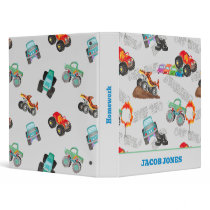 Monster Truck Jam Watercolor Cars Kids 3 Ring Binder