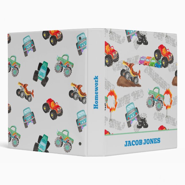 Monster Truck Jam Watercolor Cars Kids 3 Ring Binder (Background)