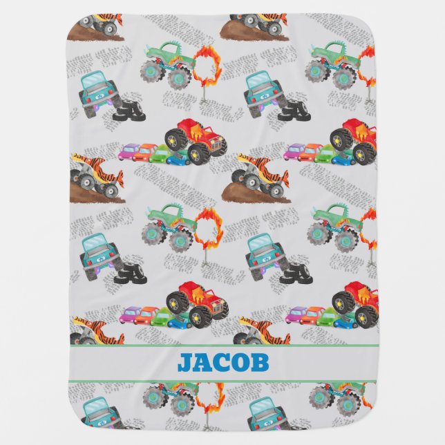 Monster Truck Jam Watercolor Cars Kids Baby Blanket (Front)