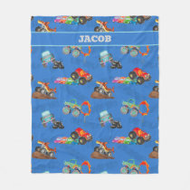 Monster Truck Jam Watercolor Cars Kids Fleece Blanket