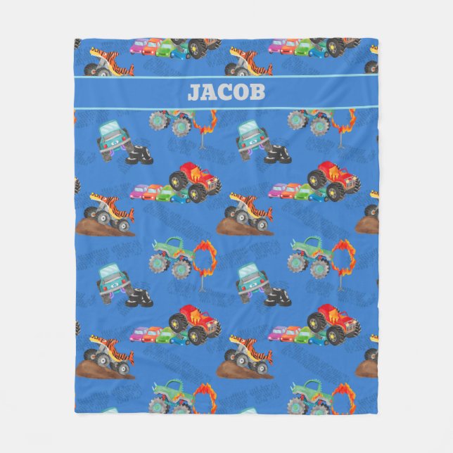 Monster Truck Jam Watercolor Cars Kids Fleece Blanket (Front)