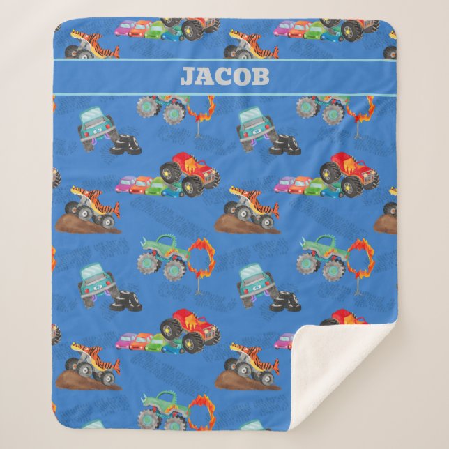 Monster Truck Jam Watercolor Cars Kids Sherpa Blanket (Front)