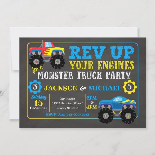 Monster Truck Joint Birthday Invitation