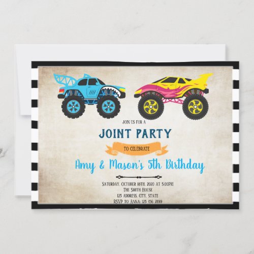 Monster truck joint birthday invitation