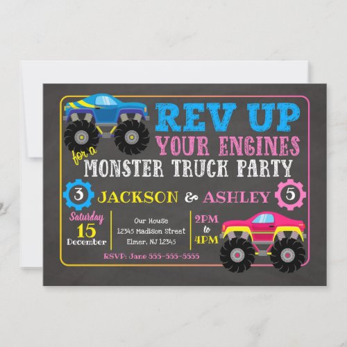 Monster Truck Joint Birthday Invitation  Boy Girl