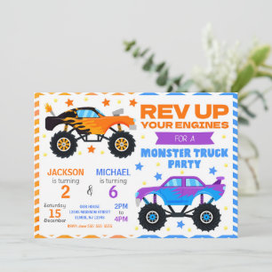 Monster Truck Joint Birthday Invitation Siblings