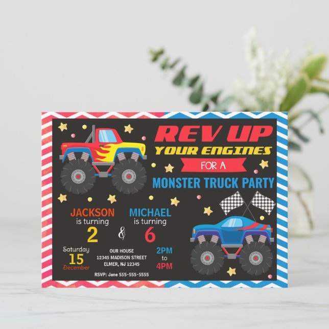 Monster Truck Joint Birthday Invitation Siblings (Standing Front)