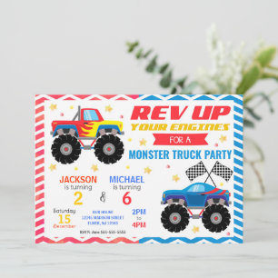 Monster Truck Joint Birthday Invitation Siblings