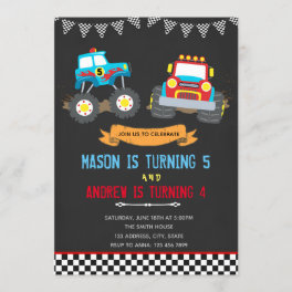 Monster truck joint birthday party invitation