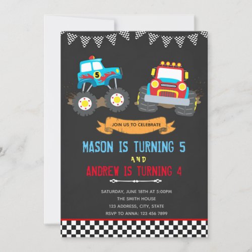 Monster truck joint birthday party invitation