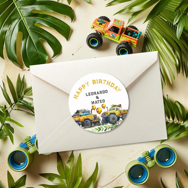 Monster Truck Jungle Safari Happy Birthday Classic Round Sticker (Creator Uploaded)