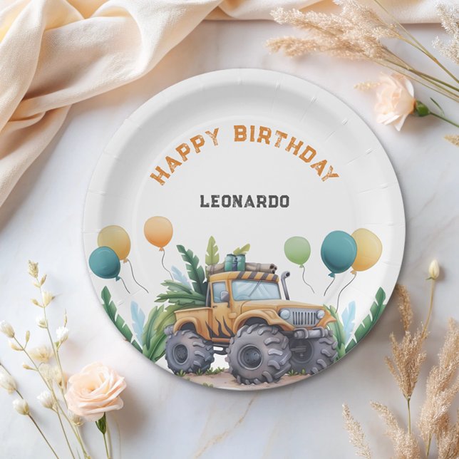 Monster Truck Jungle Safari Happy Birthday Paper Plates (Creator Uploaded)