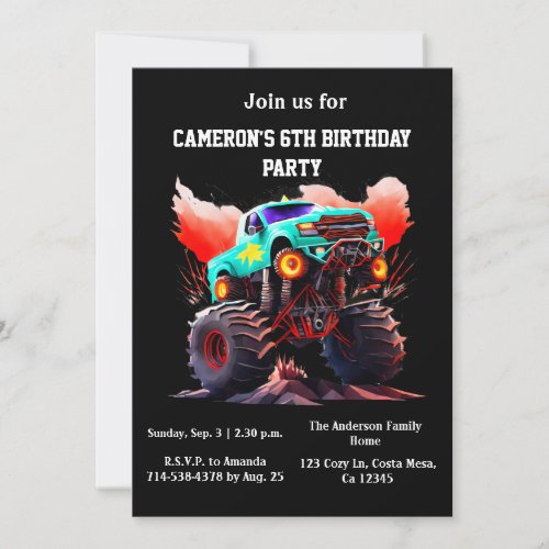 Monster Truck Kids Birthday Party Invitation