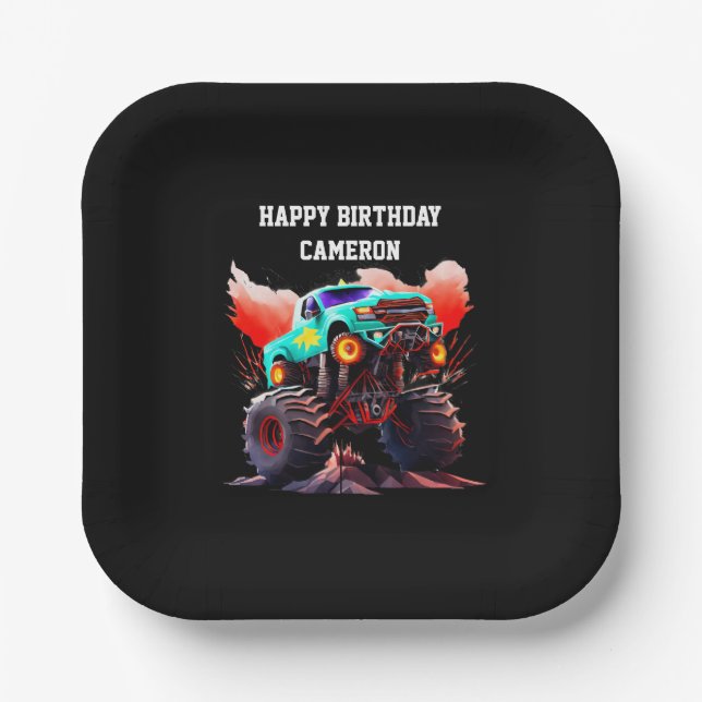 Monster Truck Kids Birthday Party Invitation Paper Plates (Front)