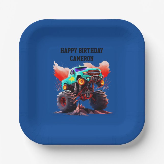 Monster Truck Kids Birthday Party Invitation Paper Plates (Front)