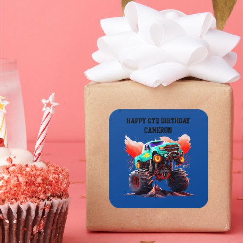 Monster Truck Kids Birthday Party Invitation Square Sticker