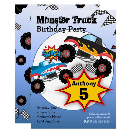 monster truck kids boys birthday party invitation zazzle com