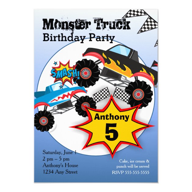 Monster Truck Kids Boys Birthday Party Invitation